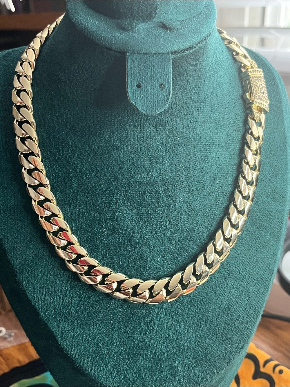 14K Gold Plated 12mm Cuban Chain CZ Clasp